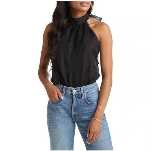 Vici Black Bodysuit Small Organza Neck Tie Open Back Sleeveless Elegant Halter - Picture 1 of 12